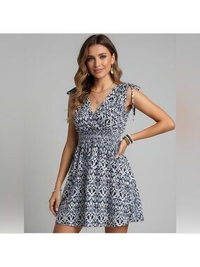 Blue Low Back Tribal Print Tie Shoulder Dress